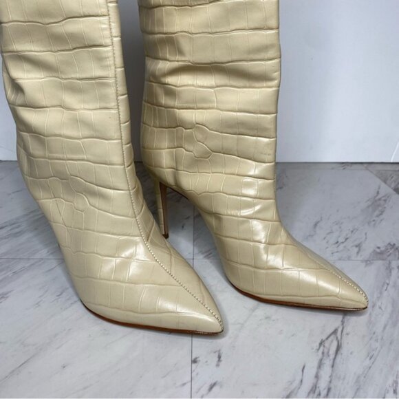 Schutz Maryana Eggshell Croc Embossed Leather Tall Heeled Boot 8 1/2 B - Picture 11 of 16